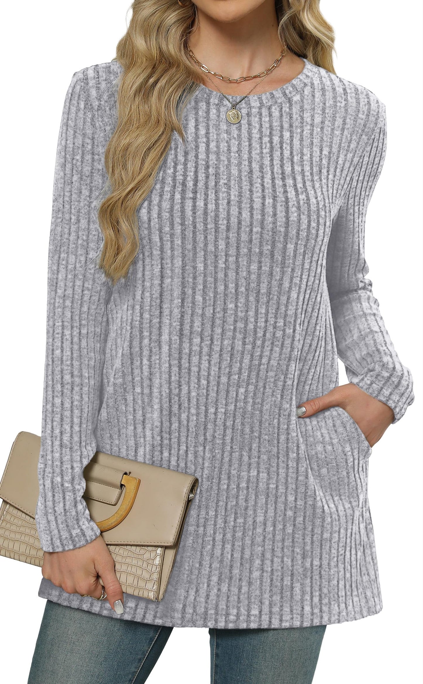 XIEERDUO Long Sleeve Shirts for Women Crewneck Tunic Tops Loose Fit Dressy Womens Sweaters with Pockets Fall Fashion 2025