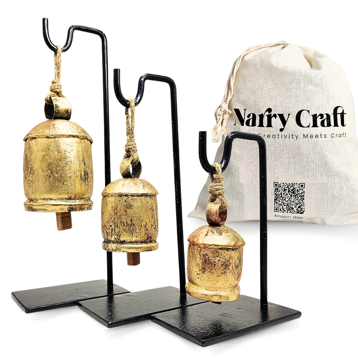 Pack of 3 Golden Bells with Metal Stand in Black Colour in Single Pack, Harmony Cow Bells Christmas Hanging XL Bells On Rope (3, Rectangular)