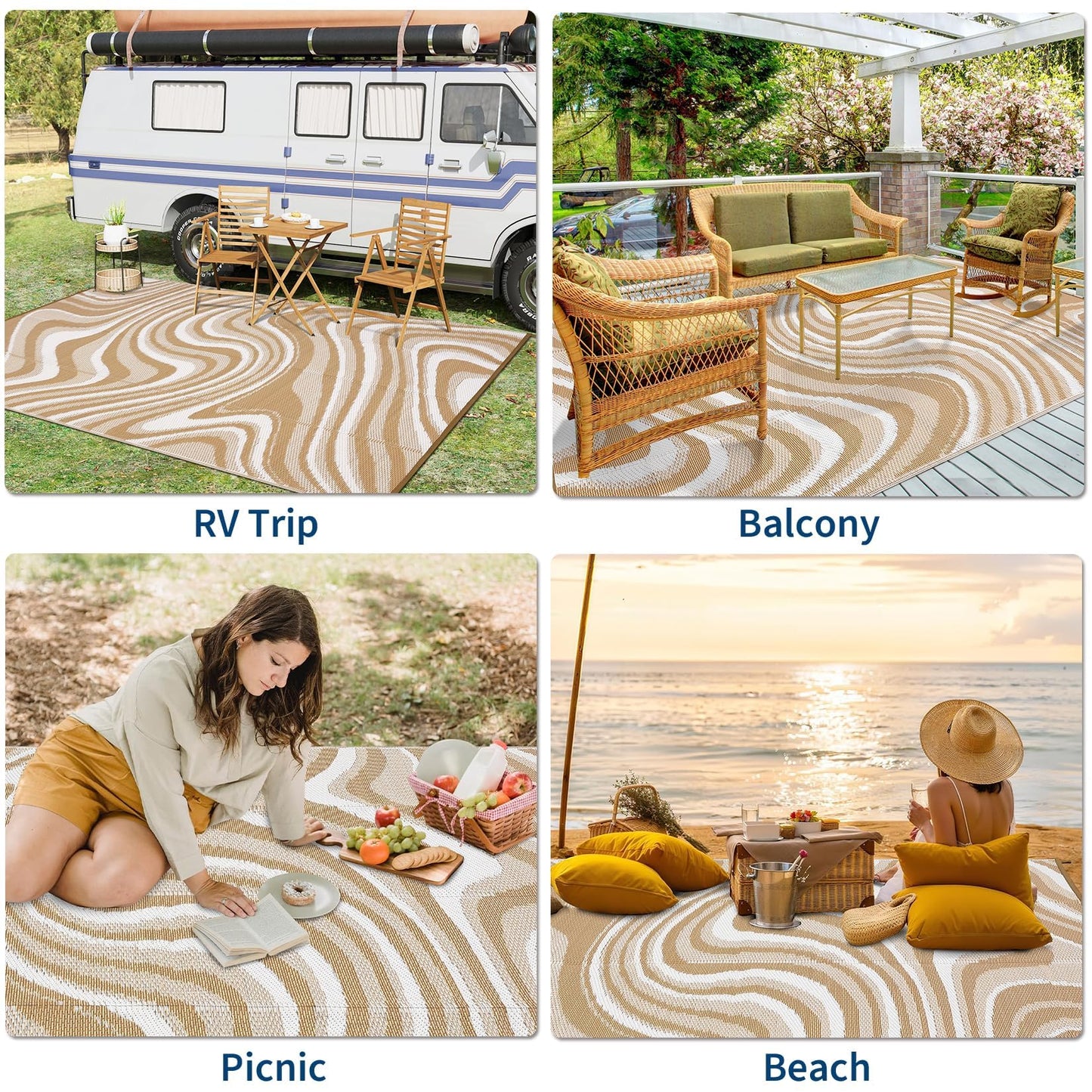 MilleLoom 10x20 Large Outdoor Patio Rug Modern Abstarct Plastic Straw Outdoor Rugs Waterproof Foldable UV Resistant Camping Reversible Mats for Deck, Camper, Balcony, Beach, Rv，Brown/Coffee/White