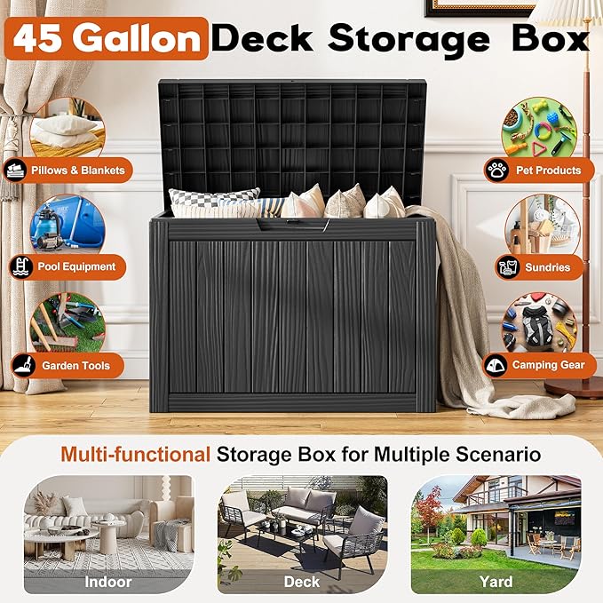 Outdoor Storage Box, Resin Deck Boxes Indoor and outdoor, Waterproof Storage Box Lockable Lid (Black, 45 Gallon)