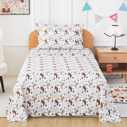 lasoftan Kids Sheet Set Twin Size, Twin Sheet Set with Forest Bear Pattern，Breathable Silky Soft Microfiber Kids Fitted Sheet