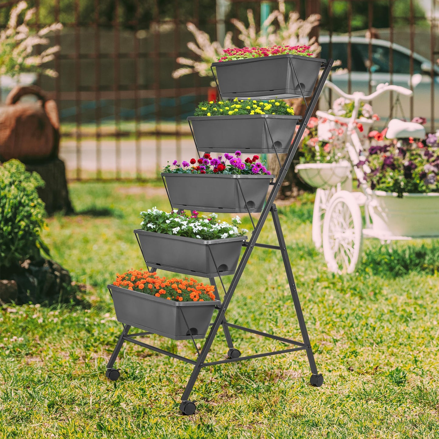 GENMOUS 5 Tier Raised Garden Bed Tall 45FT Vertical Elevated Garden Planter Standing Garden Bed Planter Box with Drainage Holes Removable Tray Outdoor Herb Planter Stand on Patio Balcony Porch Black