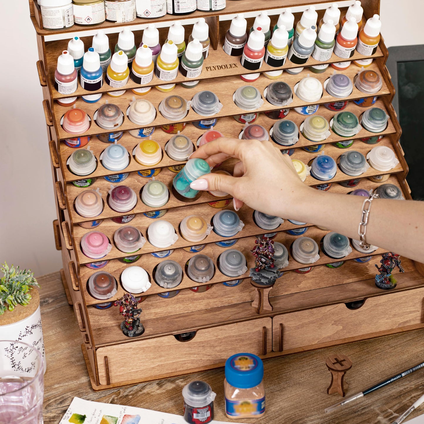 Plydolex Wooden Paint Organizer for 74 Paint Bottles and 14 Brushes - Paint Organizer with 2 Art Tool Cabinets and 6 Miniature Holders - Paint Holder