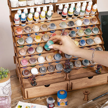 Plydolex Wooden Paint Organizer for 74 Paint Bottles and 14 Brushes - Paint Organizer with 2 Art Tool Cabinets and 6 Miniature Holders - Paint Holder