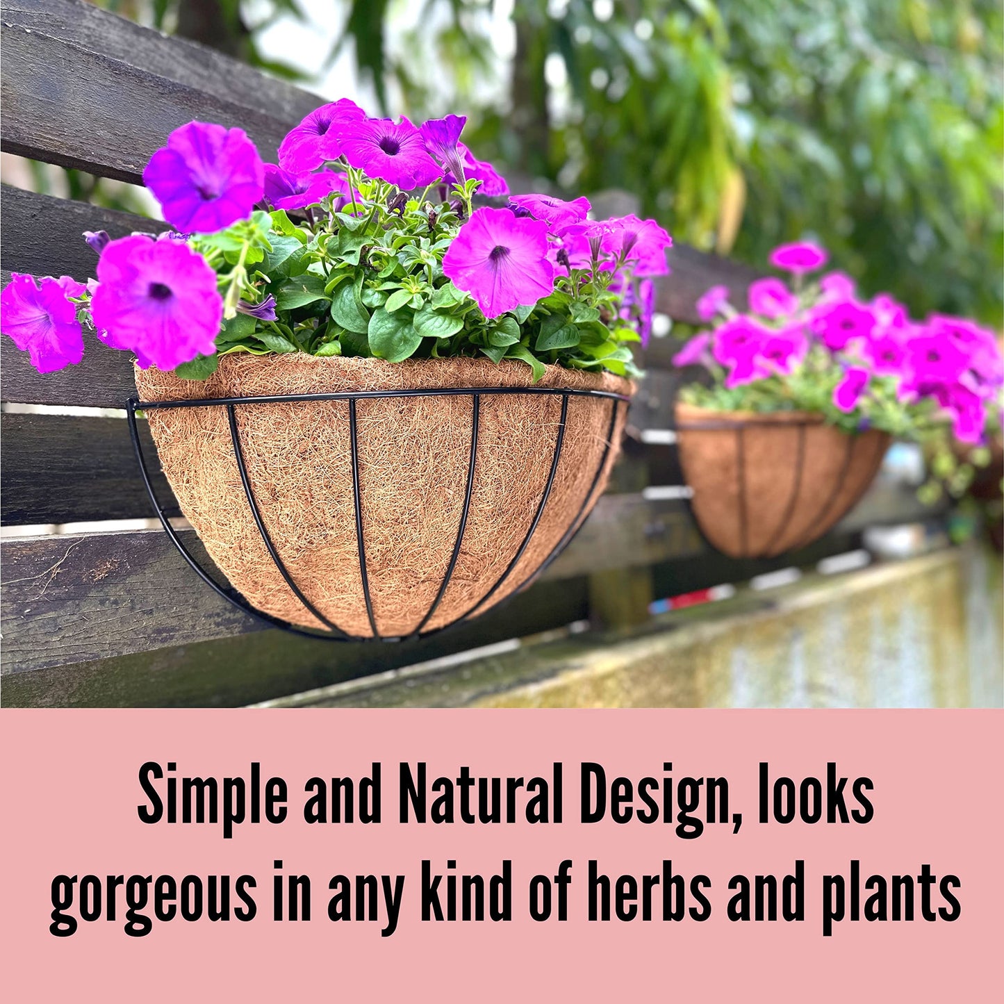 LaLaGreen Wall Planters for Outdoor Plants (2 Pack, 14 Inch) Large Hanging Planter with Coco Liner, Metal Round Wire Flower Basket Outside Fence Railing Plant Pots Holder Deck Porch Balcony Decor