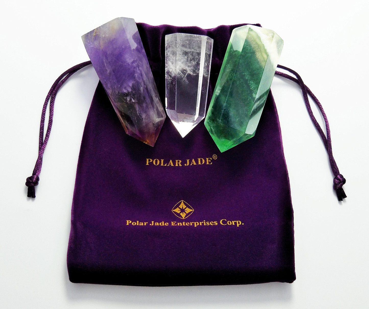 Set of 3 Healing Crystal Wands of 3 Stones: Clear Quartz, Fluorite, Amethyst Pointed & Faceted Prism Bars for Reiki Chakra Meditation Therapy Decor