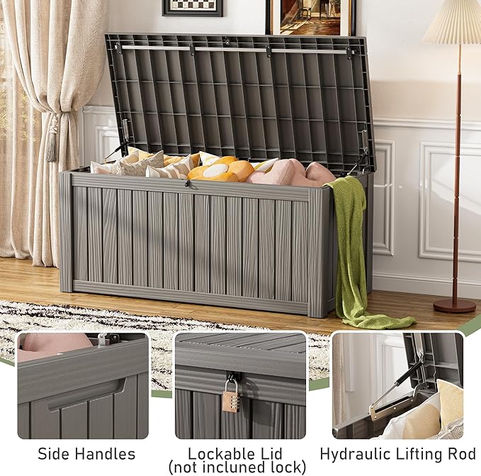 Outdoor Storage Box, Resin Deck Boxes Indoor and outdoor, Waterproof Storage Box Lockable Lid (Grey,150 Gallon)