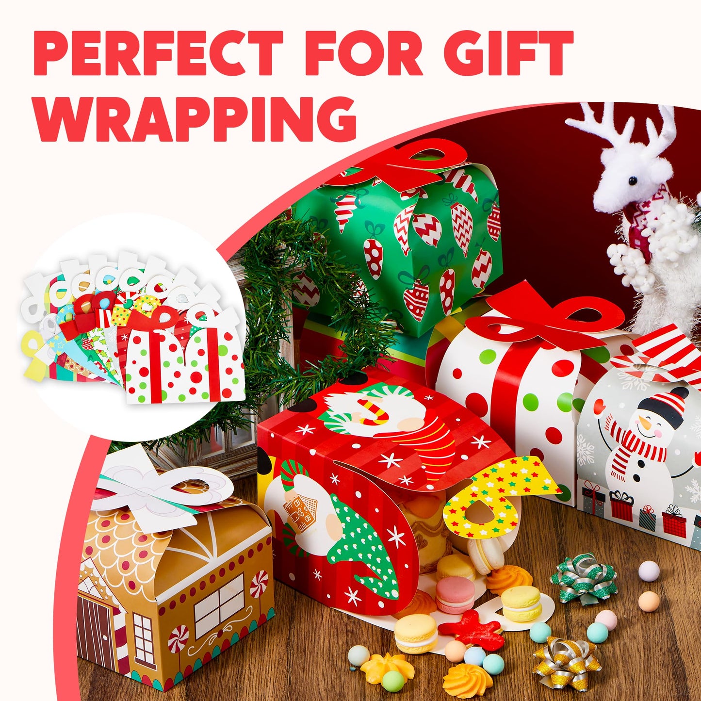 JOYIN 24 PCS 3D Christmas Goody Gift Boxes with Bow for Holiday Xmas Goodie Paper Boxes, School Classroom Party Favor Supply, 6” x 6” x 5.5” 8 Designs Candy Treat Cardboard Cookie Box for Gift Giving