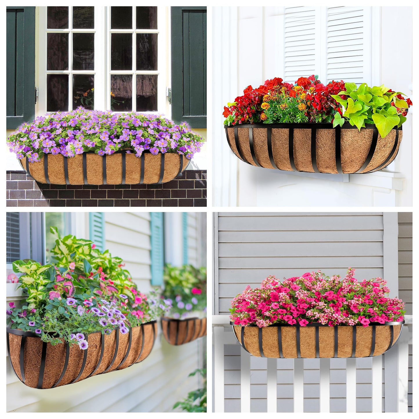 HFHOME 30" Deck Railing Planter Box with Horse Trough Coco Liners, Black Window Box Metal Hanging Flower Planters Baskets for Indoor, Outdoor, Balcony, Porch, Fence, Patio, and Lawn (Set of 4)