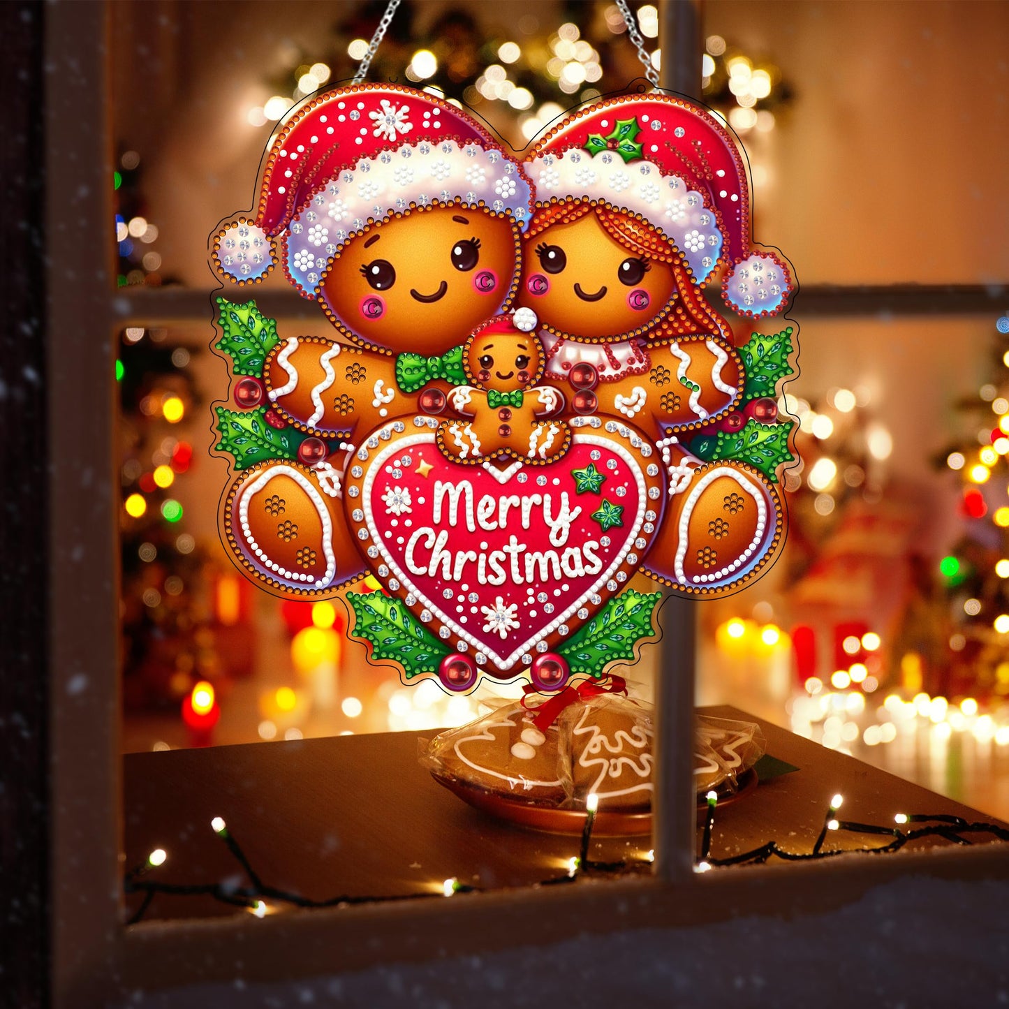 JJFox Diamond Art Hanging Kit for Adult,Special Shaped Rhinestone,DIY Acrylic Diamond Art Painting Window Pendants Home Garden Wall Hanging Kits Hanging Ornament,Double Sided (Gingerbread Man)