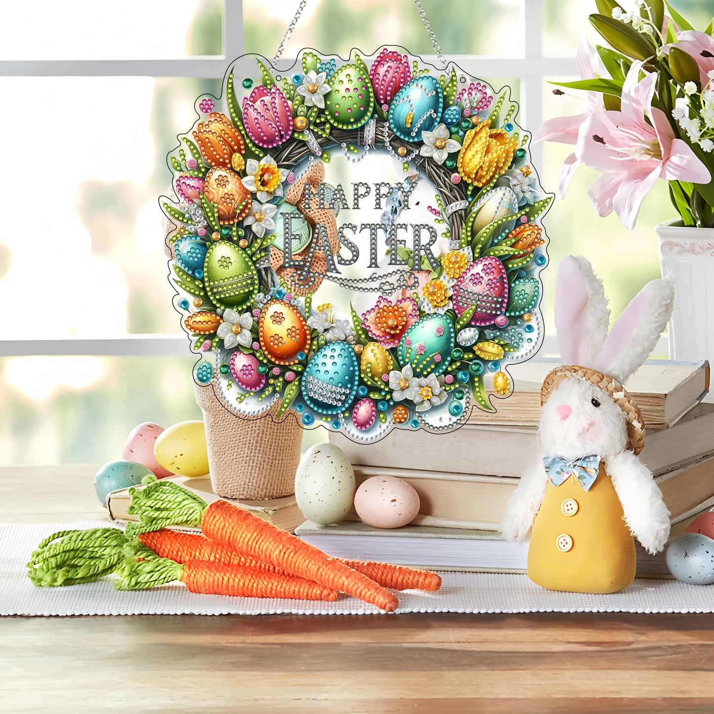 DIY Acrylic Diamond Art Painting Wreath Kits Special Shaped Rhinestone 5D Diamond Art Window Pendants Home Garden Wall Hanging Kits Hanging Ornament (Easter Wreath)