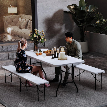 Real Relax 6' Picnic Table with 2 Benches, 3 Piece White Portable HDPE Folding Camping Table and Benches for Courtyard, Garden, Outdoor Leisure, Party