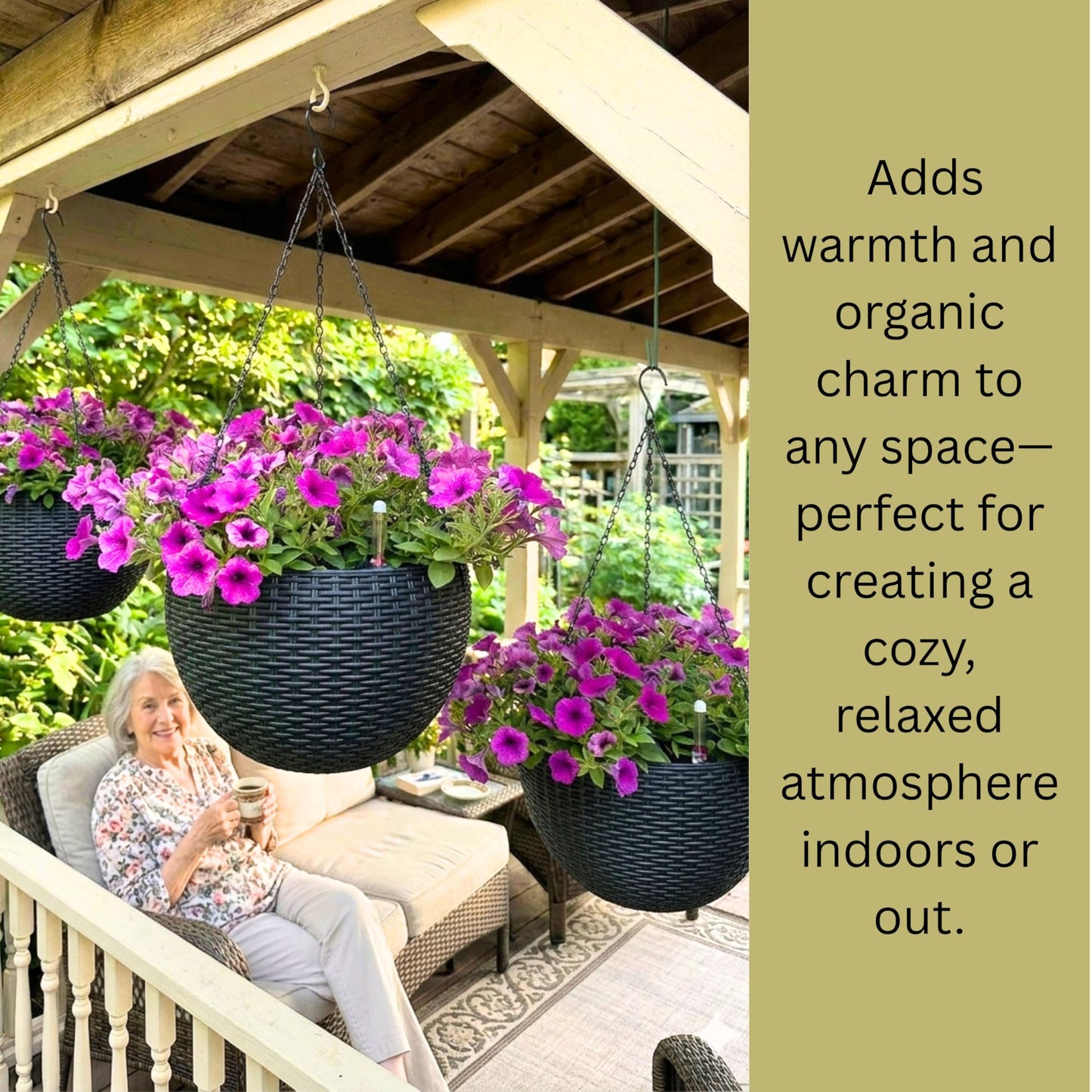 LaLaGreen Hanging Planters for Indoor Plants (11 Inch, 4 Pack) Self-Watering Round Rattan Style Flower Pots with Water Level Indicator, Black Metal Chain Hanging Baskets for Porch Garden Balcony Decor