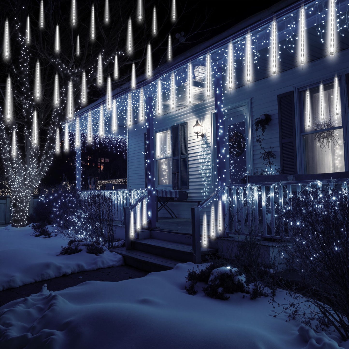 JOYIN Christmas Lights Outdoor,8 Tubes Meteor Shower Lights White,192 LEDs, Snowfall Icicle Cascading Rain Light for Christmas Tree Decorations, Wedding Party Holiday Decor