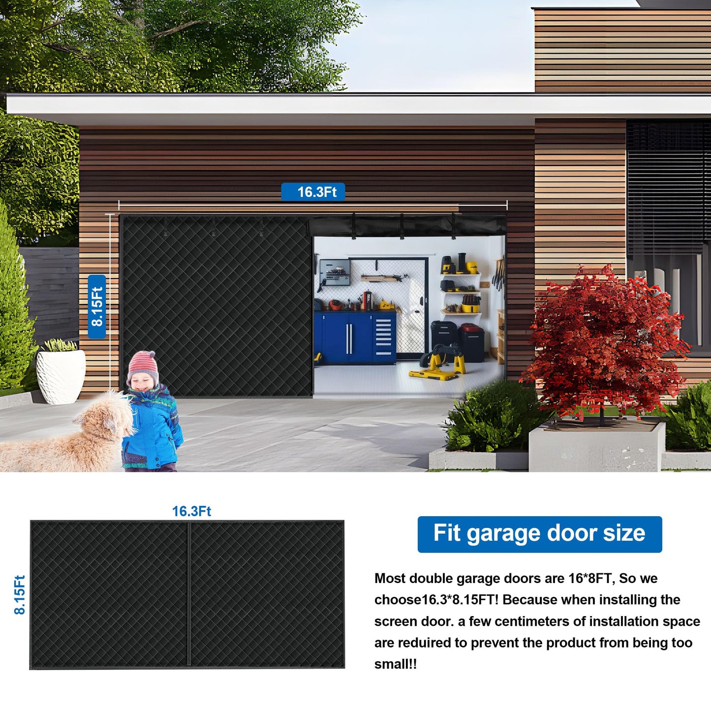 Garage Door Insulation Kit, Garage Insulated Door Curtain, Garage Screen for Winter, Weatherproof, Windproof, Soundproof(16 * 8Ft)