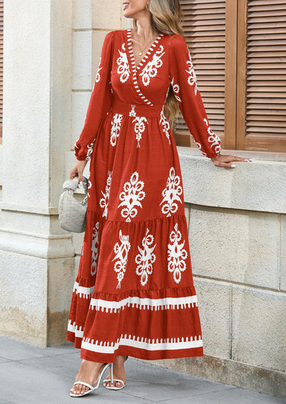 PRETTYGARDEN Women's 2025 Fall Wedding Guest Dresses Boho Floral Long Sleeve V Neck Flowy Elegant Maxi Dress Beach Clothes