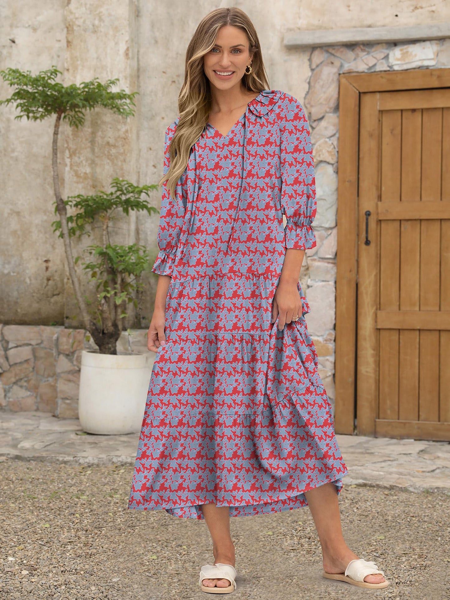 ANRABESS Women's Boho Maxi Dresses 2025 Summer Casual V Neck Puff Sleeve Floral Tiered Flowy Swing Beach Vacation Long Dress