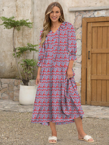 ANRABESS Women's Boho Maxi Dresses 2025 Summer Casual V Neck Puff Sleeve Floral Tiered Flowy Swing Beach Vacation Long Dress