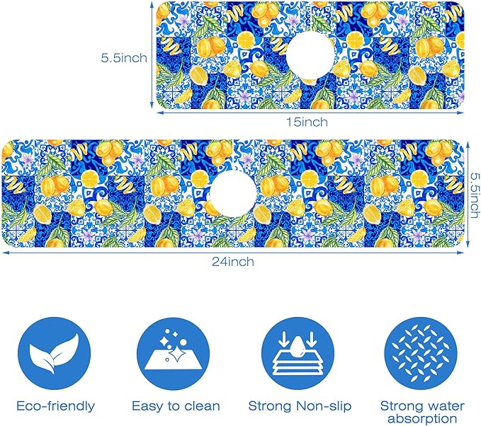 Blue Tiles and Yellow Lemon Sink Faucet Absorbing Mat Sink Splash Guard Faucet