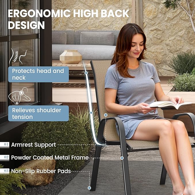 Patio Dining Chair Set of 6, Outdoor Stackable Dining Chairs High Back for All Weather, Patio Furniture for Backyard, Porch, Garden, Pool Deck (Brown)