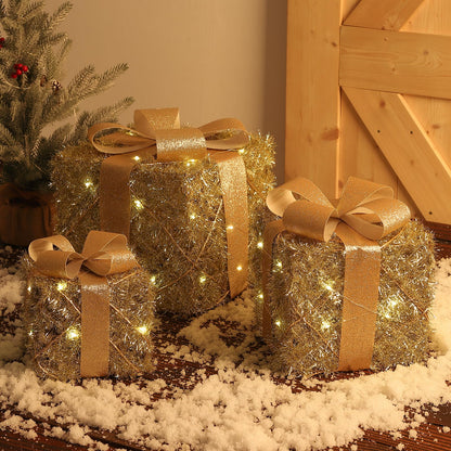 Garveehome Set of 3 Christmas Lighted Gift Boxes, Pre-Lit Gift Present Boxes with Ribbons and Bows, Light Up Xmas Ornaments for Indoor Outdoor Christmas Tree, Home, Yard, Lawn, Gold