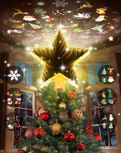 Christmas Tree Topper with 6 Projection Modes, Christmas Star Tree Topper with Built-in Rotating Projector, 104 LED Warm Lights 3D Tunnel Dynamic Lighting Effect Christmas Tree Decoration