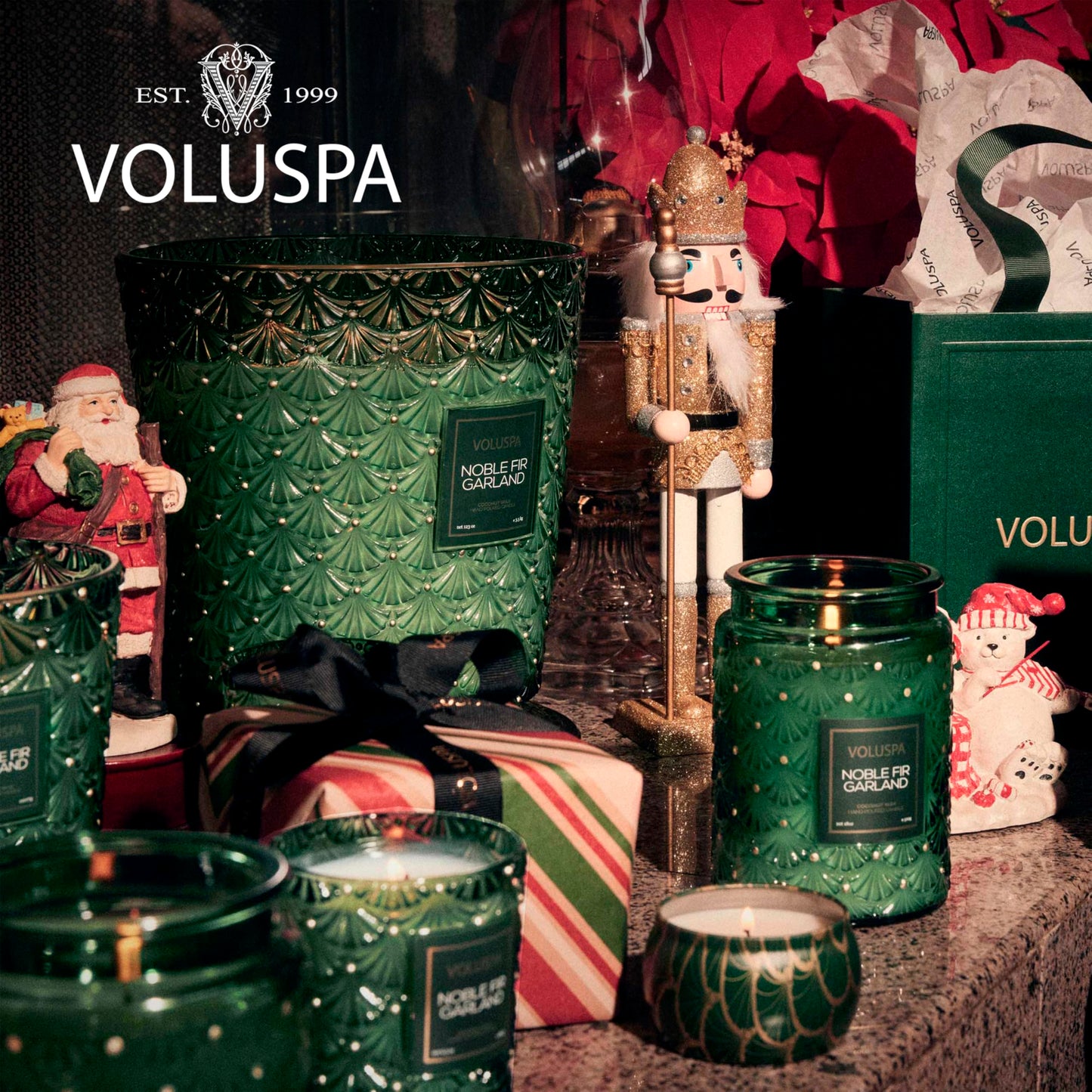 Voluspa Noble Fir Garland, 3 Wick Hearth Candle, 38 oz, 80 Hour Burn Time, Coconut Wax Blend, Scented Candles for Home, Handcrafted in the USA