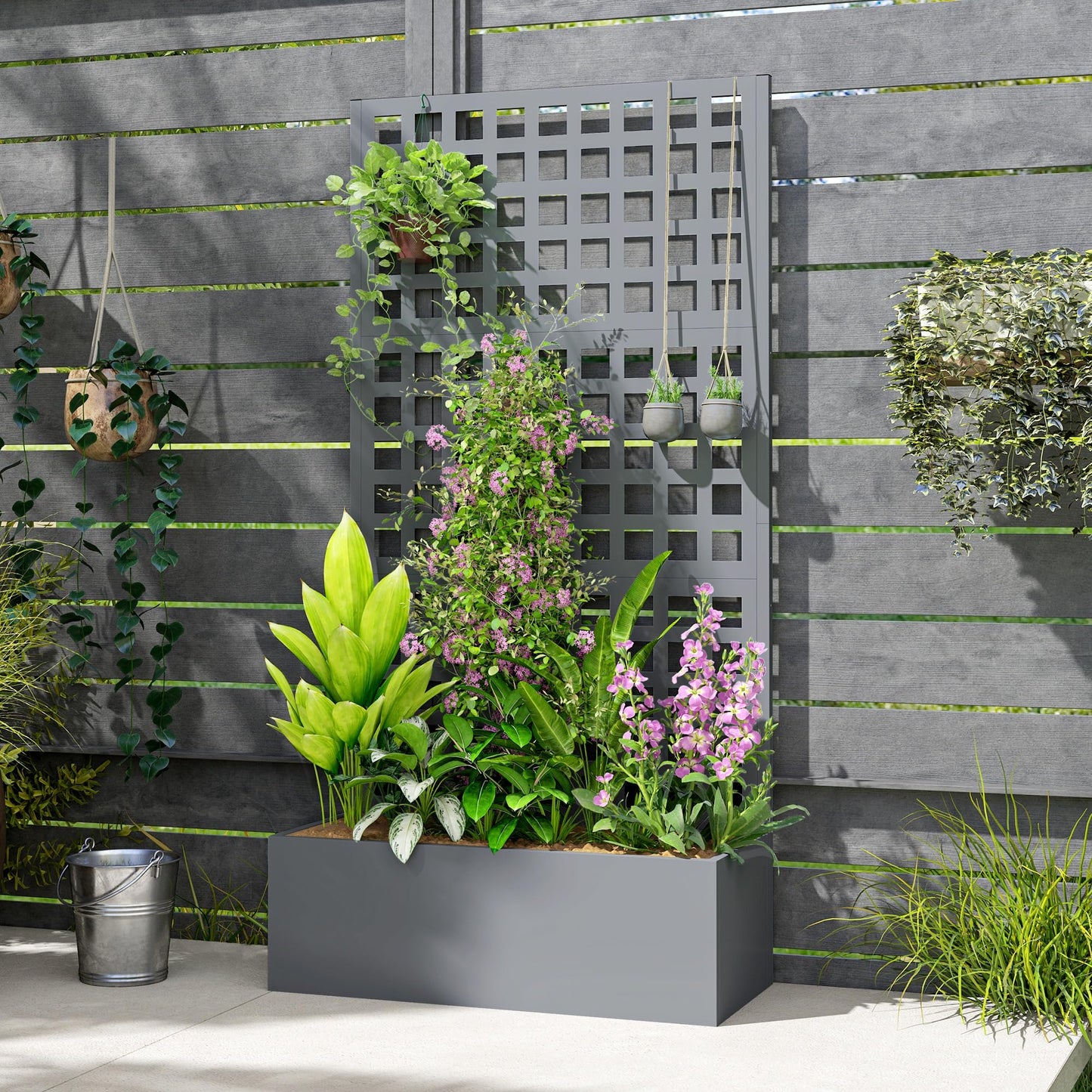 Outsunny Galvanized Raised Garden Bed with Trellis, Metal Planter Box with Drainage Holes, Outdoor Privacy Screen for Climbing Plants, Vegetable, Vines, 35" x 16" x 70", Gray Wood Effect