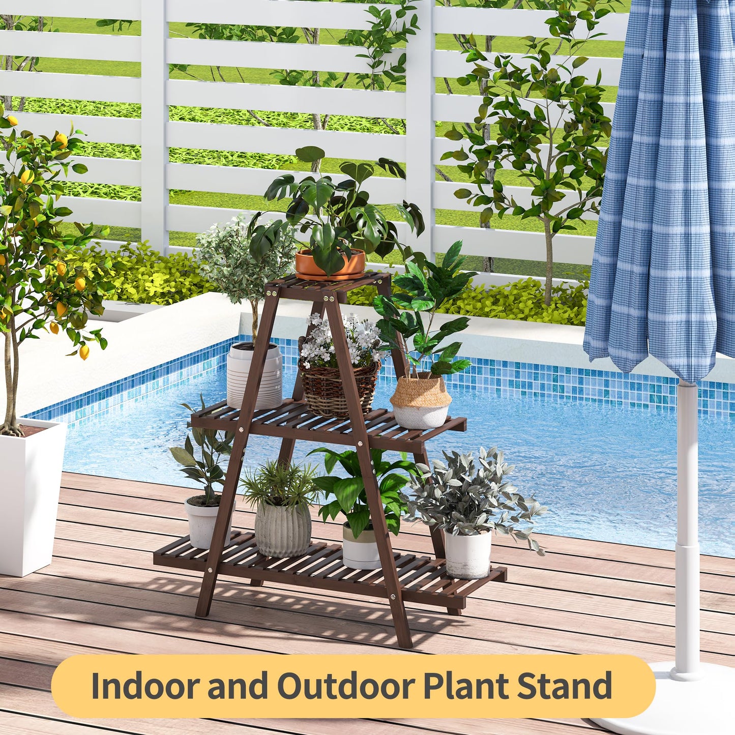 Furshus Plant Stand Indoor, Outdoor bamboo Plant Rack for Multiple Plants, 3 Tier 8 Potted Flower Holder Ladder,Plant Shelf Ladder Table Plant Pot Stand for Living Room, Patio, Balcony (Brown)