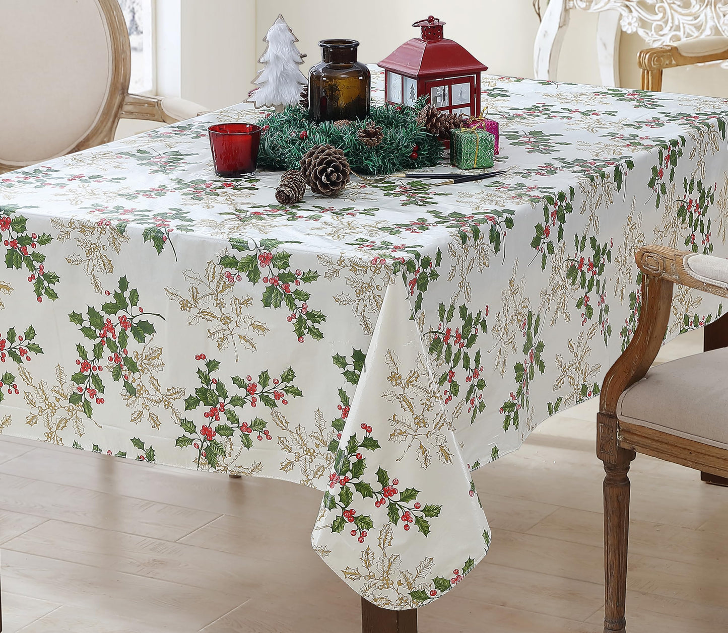 Newbridge Christmas Golden Holly Vinyl Tablecloth with Flannel Backing, Metallic Gold Holly & Berry Print, Wipe Clean Easy Care, 60 x 84 Inch Rectangle