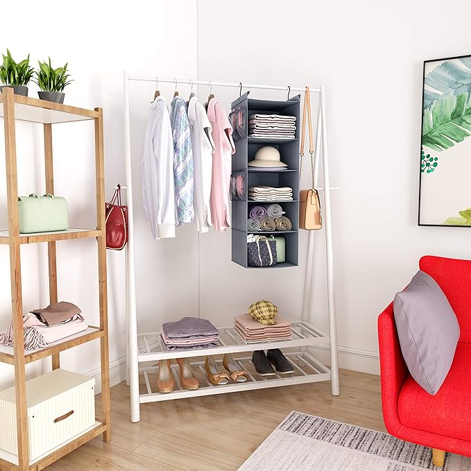 MAX Houser 5 Shelf Hanging Closet Organizer, Space Saver, Cloth Hanging Shelves