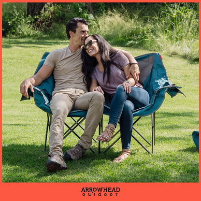 ARROWHEAD OUTDOOR 57" Wide Duo Foldable Heated Camping Loveseat Chair with 3-Stage Heating, Large Cup Holders, Glass Holders, Side Pockets, and Storage Pouches - Blue and Grey