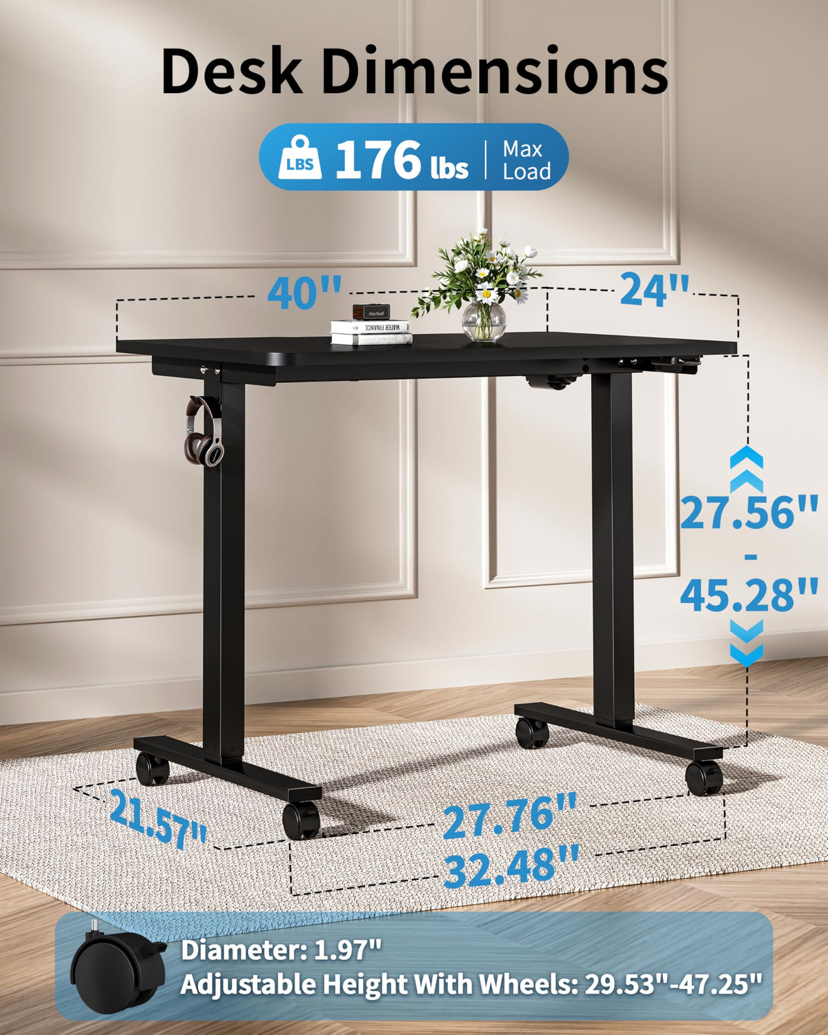 Okin Electric Standing Desk, 40 x 24 Inches Whole Piece Height Adjustable Desk, Black Sit to Stand Desks Computer Workstation with Wheels for Home Office