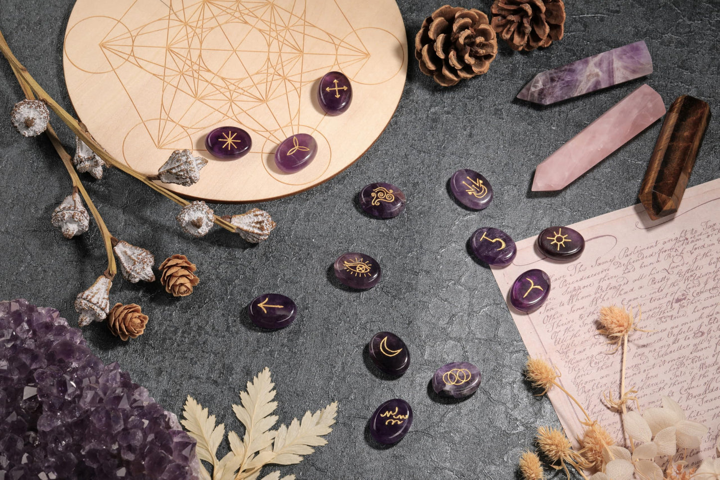 CrystalTears Amethyst Crystal Witches Rune Stones Healing Crystals Gemstone Engraved with Reiki Rune Symbol Natural Amethyst Stones Set for Witchcraft Reiki Healing Divination Meditation