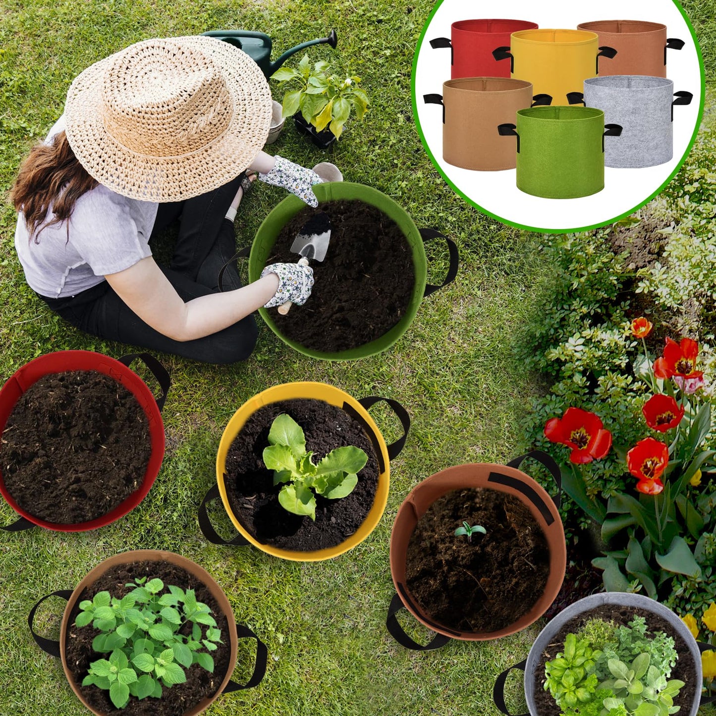 Florelf 6-Pack Fabric Grow Bags 3 Gallon – Colorful 300G Thickened Nonwoven Planter Pots with Sturdy Handles, Breathable Garden Bags for Vegetables, Potato, Flowers
