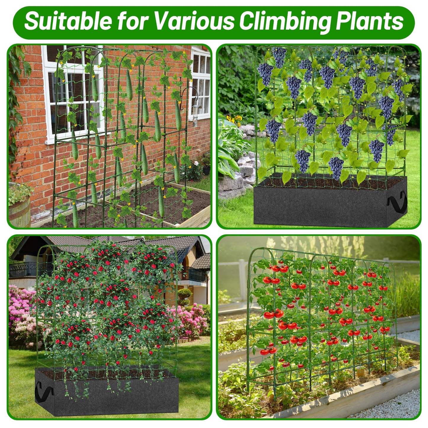 U-Shape Cucumber Trellis with Fabric Raised Garden Bed 65x50 Inch Metal Garden Arch Trellis with Net, Climbing Plants Vegetables Heavy-Duty Outdoor Plant Support for Pea, Grape, Squash, Tomatoes