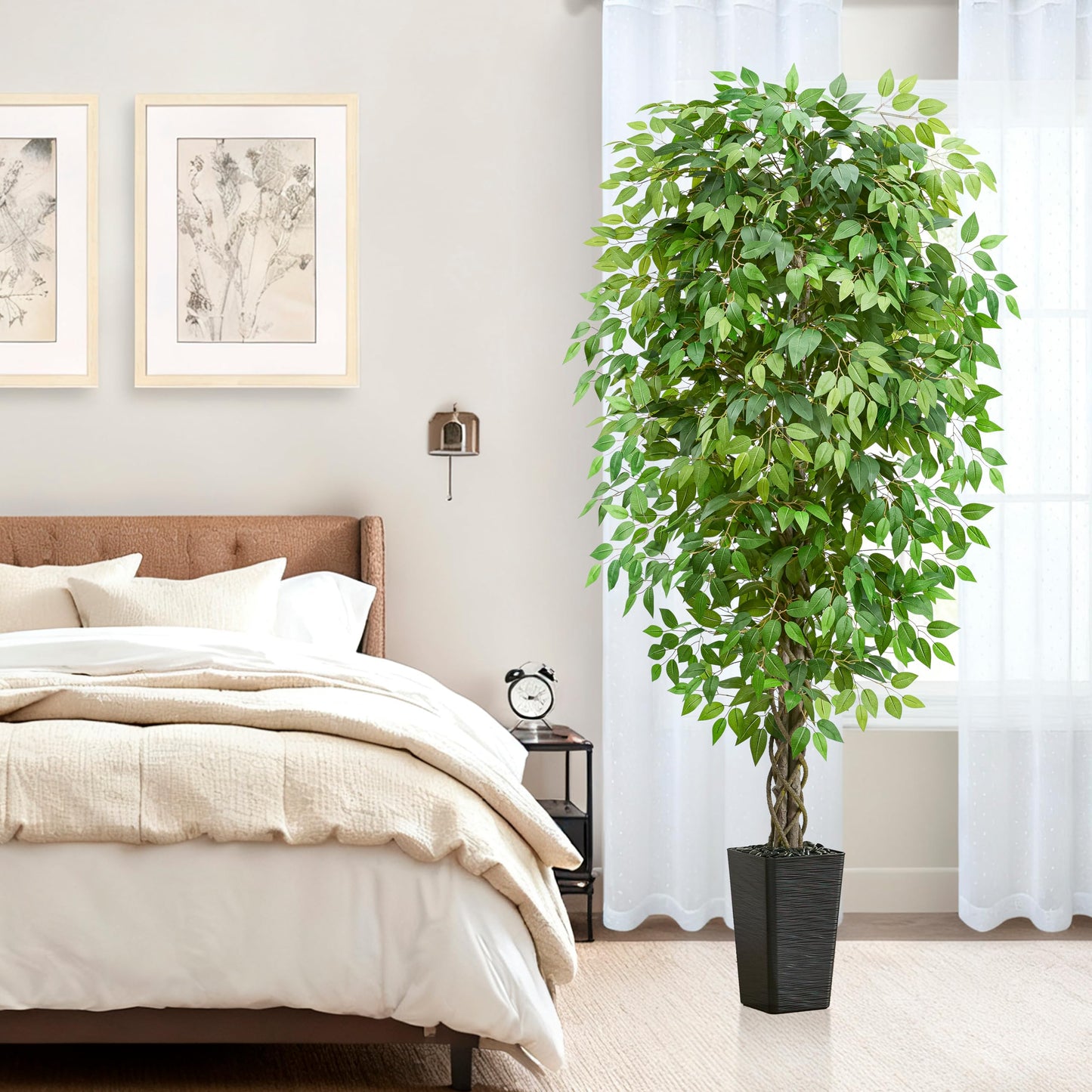 Artificial Ficus Tree 6FT Faux Plants Indoor Tall Fake Plants with Black Square Planter, Green Lifelike Lush Fake Ficus Tree for Home Living Room Bedroom Outdoor Balcony House Office Decor