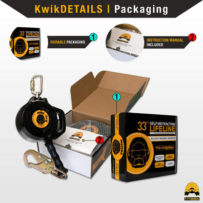 KwikSafety - Charlotte, NC - Mamba 33’ Self Retracting Lifeline [Carbonate + Integrated Handle] Class 1 Cable SRL ANSI OSHA Retractable Fall Arrest Safety Roofing Construction Gear
