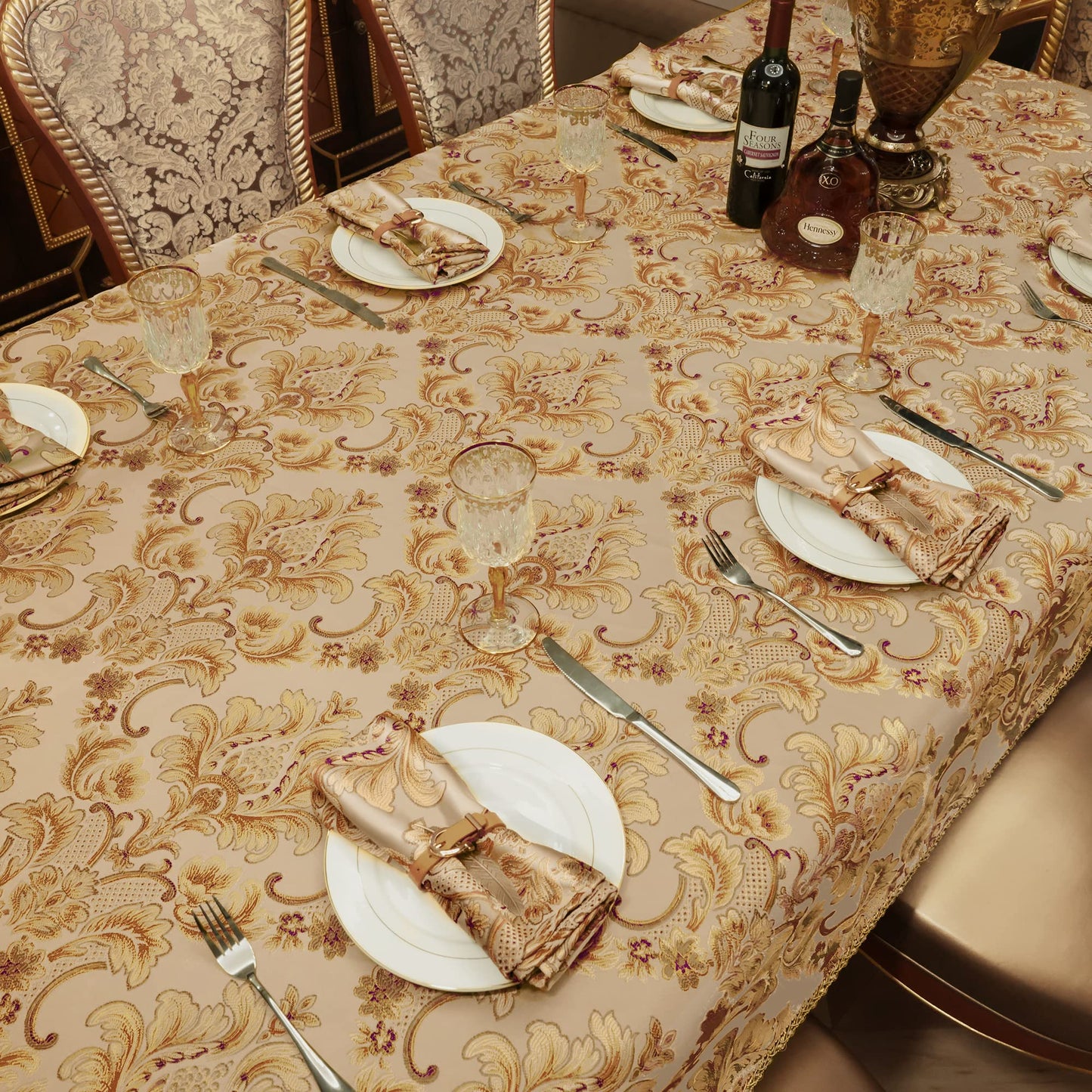 Loom and Mill Luxury Rectangle Tablecloth 60 x 84 Inches, Elegant Damask Golden Floral Table Cover with Handmade Tassels for Dining Table Banquets Decorations(Beige, 60"x84")