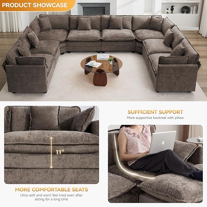 147'' Oversized U Shaped Cloud Sectional Sofa, Chenille Deep Seat Couches