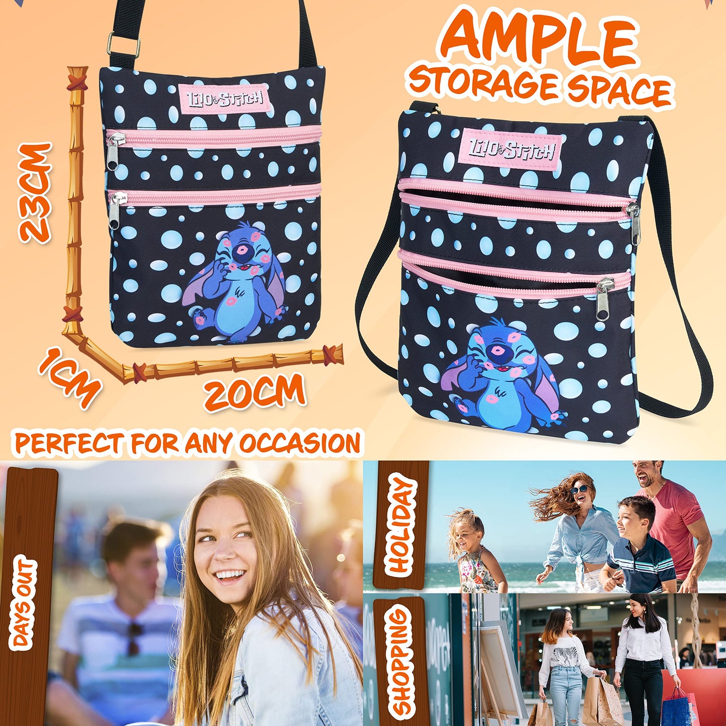 Disney Cross Body Bag for Girls, Lilo and Stitch Shoulder Bag, Stitch Gifts (Black)