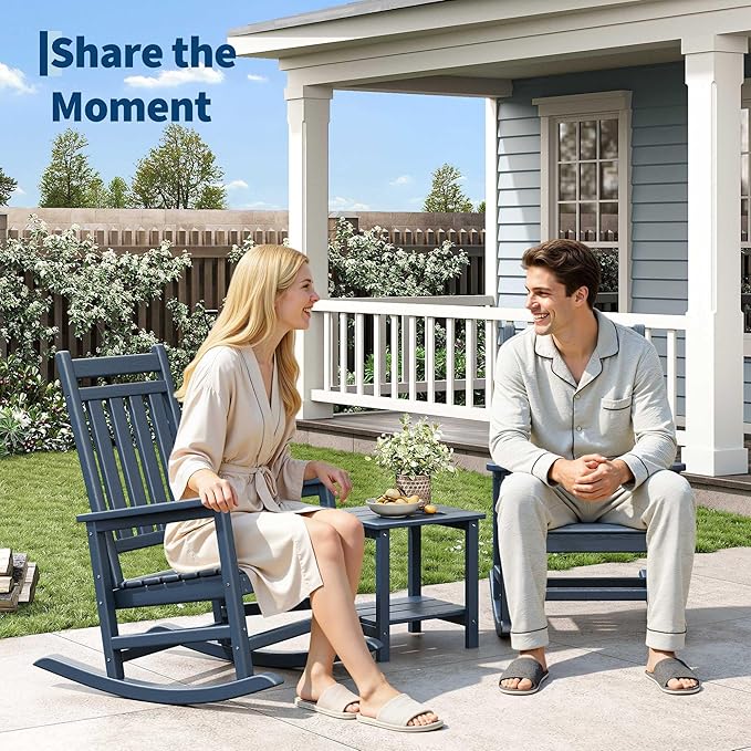 GarveeLife Poly Lumber Rocking Chair Outdoor Set of 2 with Side Table - HDPE High Back Porch Rocker Chairs for Adults - All Weather Resistant Furniture for Patio - Navy Blue