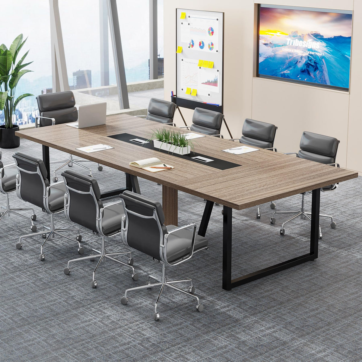 Tribesigns 8FT Conference Table, 94.49 L x 47.24 W x 29.53 H Inches Large Meeting Podcast Table for 10 People, Business Style Wooden Training Table with Strong Metal Frame for Office Conference