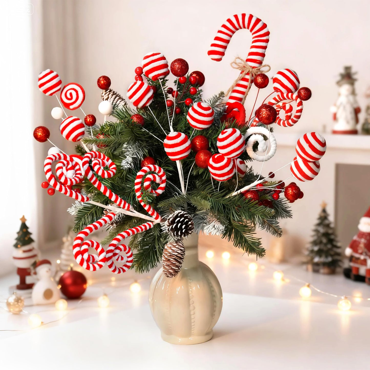 5pcs Candyland Christmas Tree Picks Candy Cane Tree Topper, Red and White Christmas Tree Decorations with Glitter, Curly Lollipop Candy Picks for Xmas Holiday Wreath Vase Party Decor