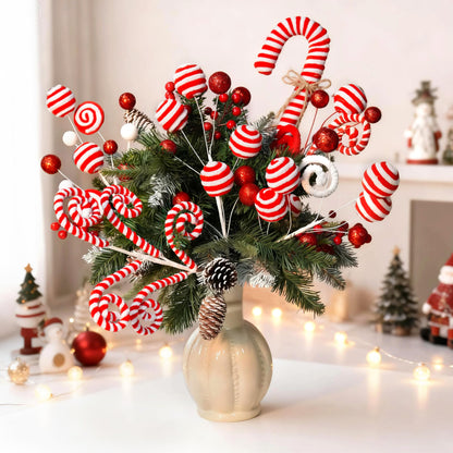 5pcs Candyland Christmas Tree Picks Candy Cane Tree Topper, Red and White Christmas Tree Decorations with Glitter, Curly Lollipop Candy Picks for Xmas Holiday Wreath Vase Party Decor
