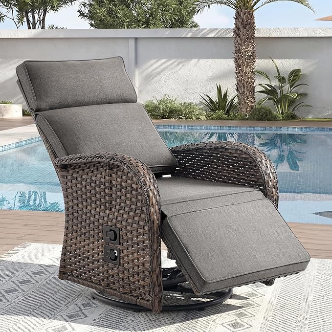 Zero Gravity Patio Swivel Rocking Recliner Chair - Wicker Outdoor Lounge Chair with Adjustable Backrest & Footrest, All Weather Reclining Rocker Chairs with Thick Cushion for Pool Deck Gray