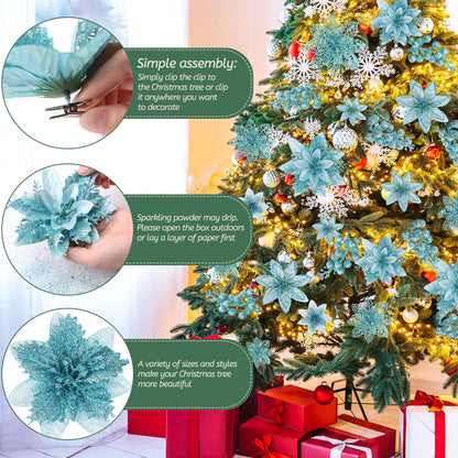 Zeyune 48 Pcs 3 Styles Christmas Glitter Poinsettia Flowers Artificial Berry Picks Artificial Christmas Flowers with Clips for Xmas Tree Wedding Wreath Holiday Party Decorations(Light Green)