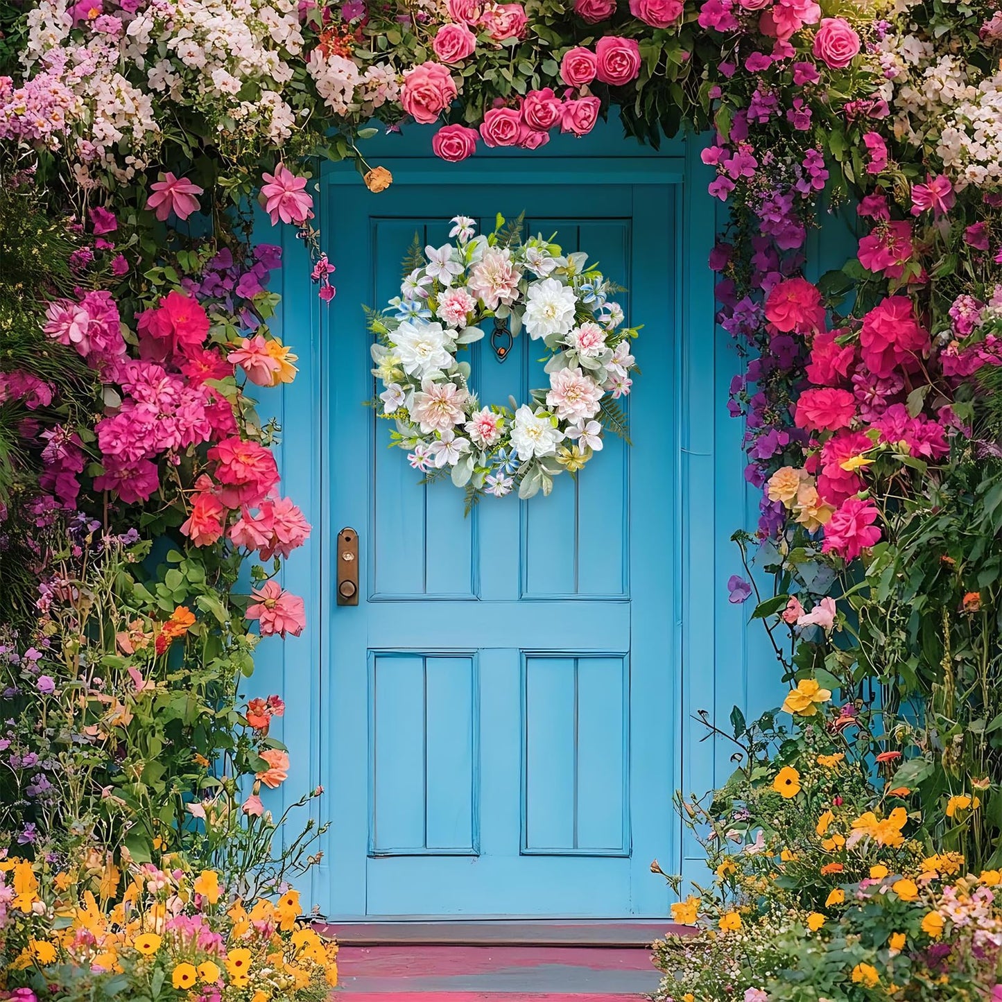 wwmira 22 Inch Artificial Dahlia Wreaths for Front Door, Spring Summer Wreath with Eucalyptus, Fern & Lamb's Ear Leaves, Farmhouse Floral Wreath for Home Porch Window Wall, All Season Decor