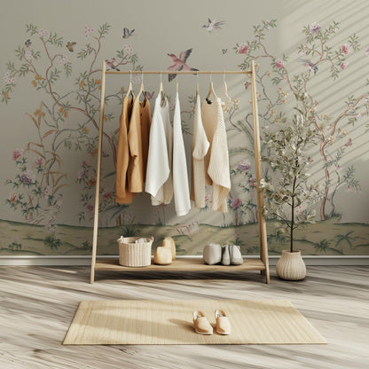 ARVOTONE Self-Adhesive Peel and Stick Wall Mural | Floral & Bird Design with Tropical Green Background | Removable Canvas Wallpaper for Living Room, Bedroom, Office (B, W114'' x H83'')