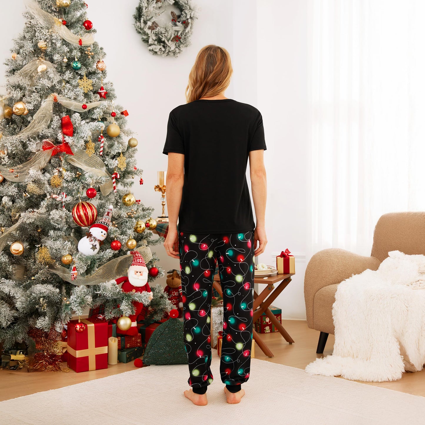 IFFEI Christmas Pajamas for Family Letter Print Matching Holiday PJ's Sets with Short Sleeve Tee and Pants Loungewear Men M Black Red